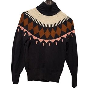 95% Cotton/5% Wool Chunky Knit Fair Isle Navy Blue and Brown Turtleneck Sweater